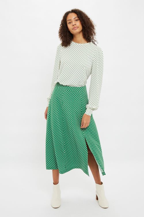 Louche Kiyo Polka Dot Print Midi Skirt-Green