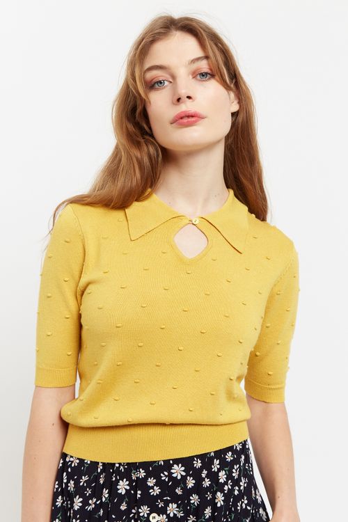 Louche Josephina Raindrops Textured Short Sleeve Collared Sweater Mustard
